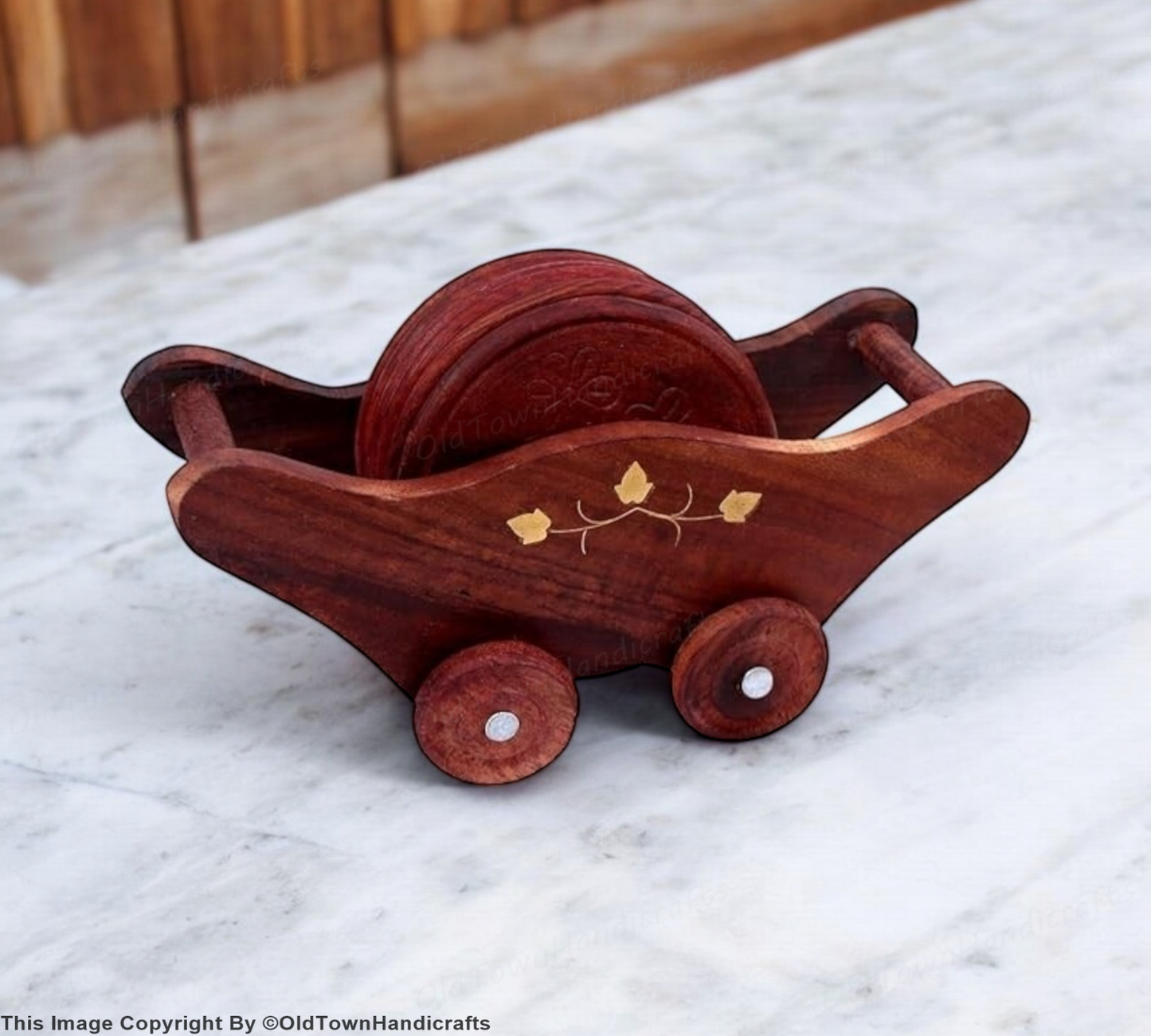 Wooden Trolley Tea Coaster Set of 6 Handcrafted Sheesham Wood for Home & Kitchen