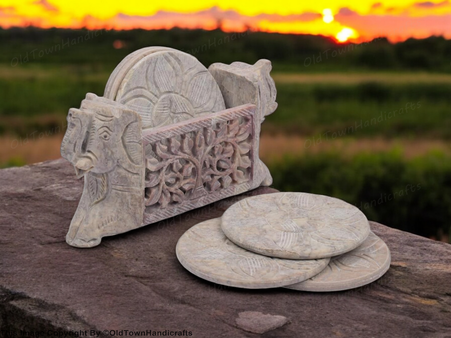 Set of 6 Hand Carved Elephant Soapstone Coasters with Holder Dining Party Gift