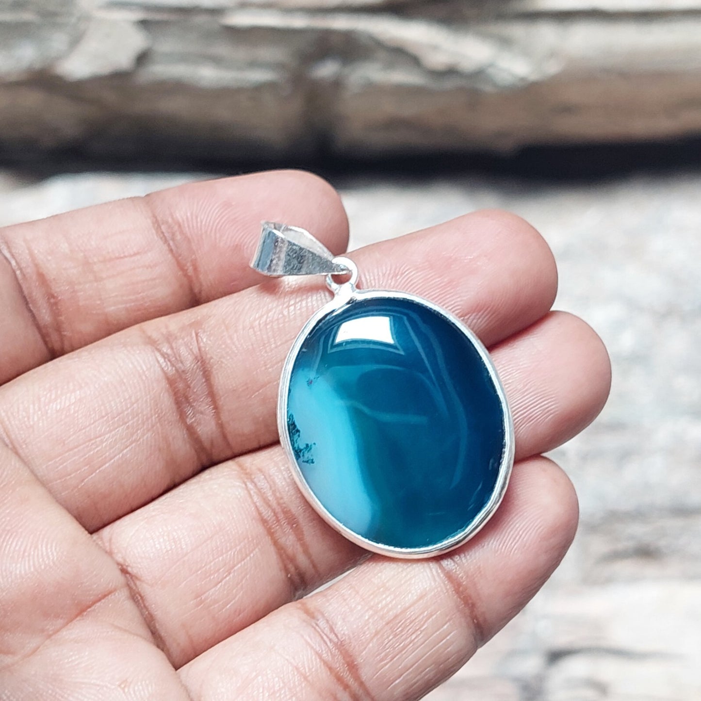 Blue Banded Agate Stone Handmade Silver Pendant 925 Sterling Silver Necklace