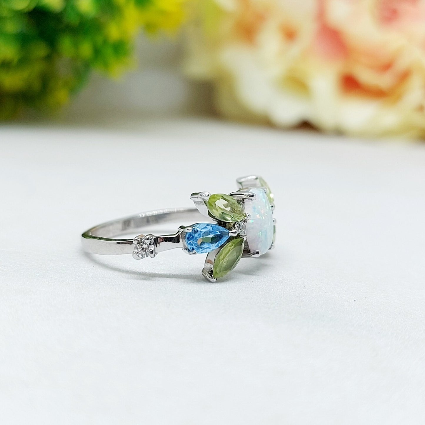 925 Silver Peridot Opal Cluster Ring Oval Cut Opal Promise Wedding Ring US5 ~15