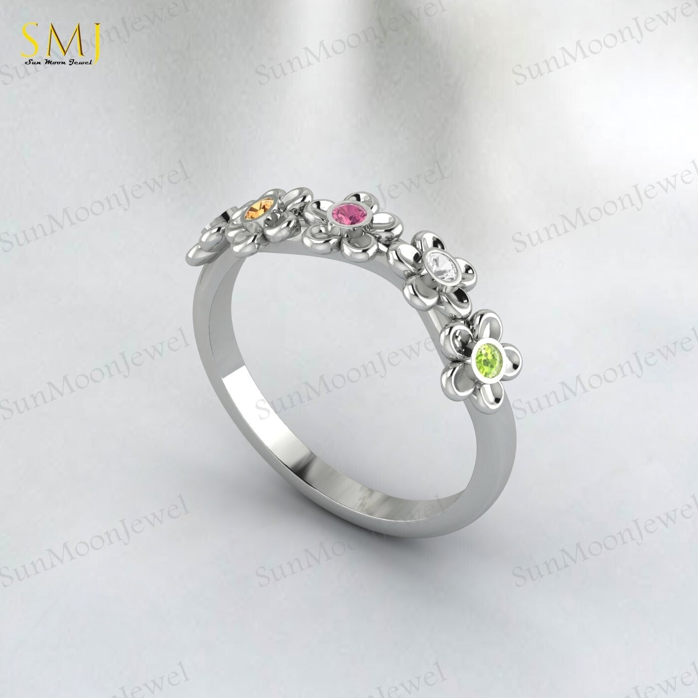 Natural Peridot Tourmaline Citrine Emerald Mutistone Flower Band in 925 Silver
