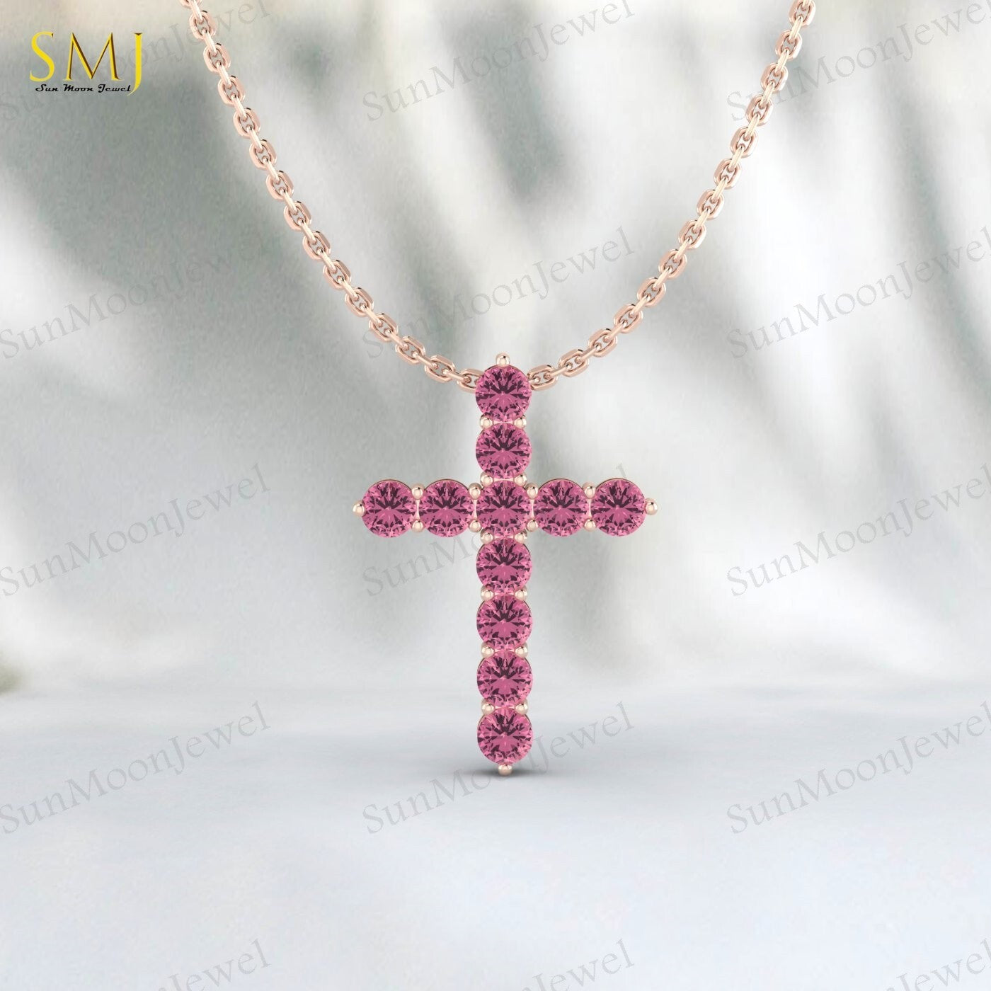 925 Silver Natural Pink Tourmaline Cross Necklace Pendant December Birthstone