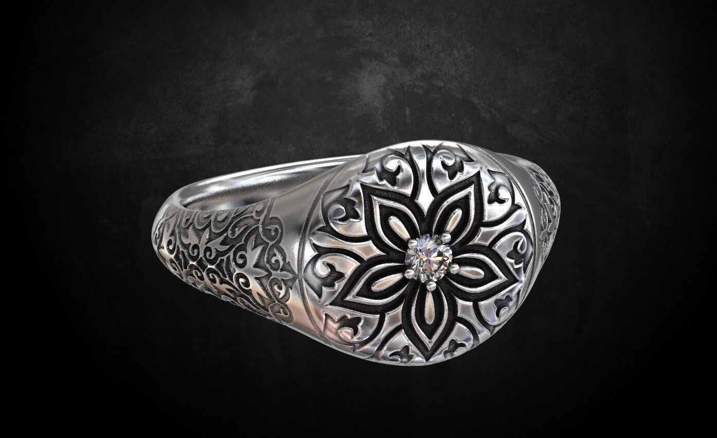 Vintage CZ Signet Ring 925 Silver Handmade Antique Style Gift for Men US5-15