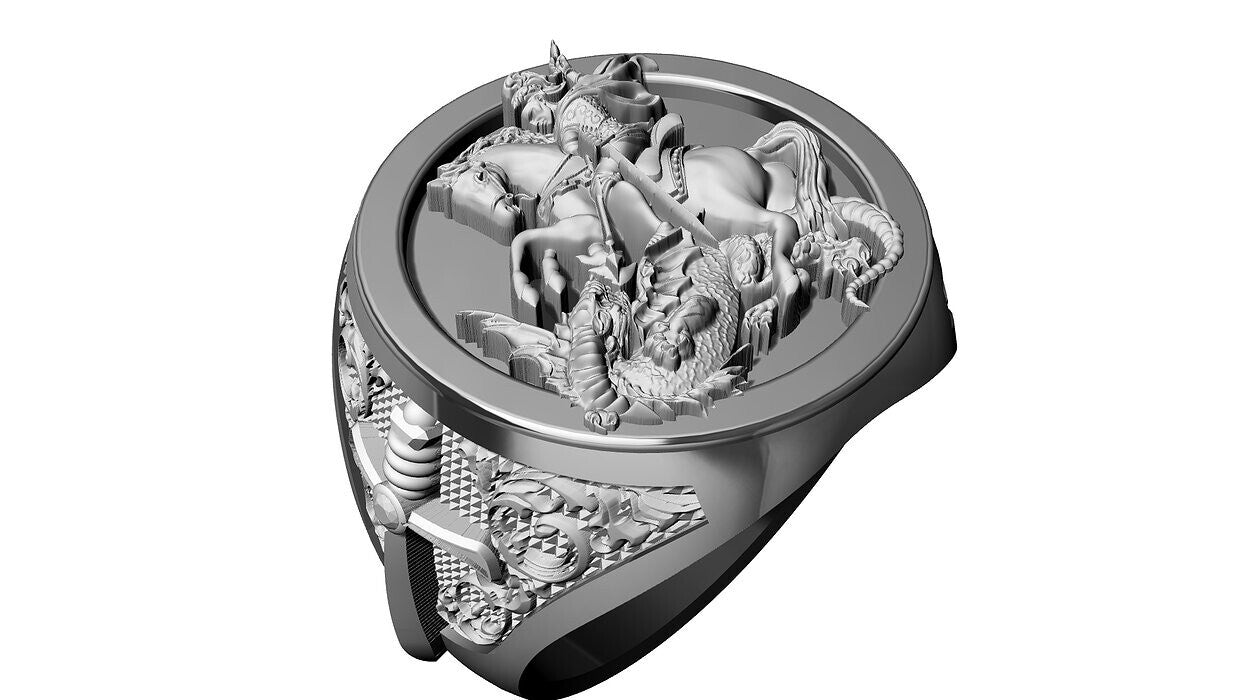Saint George Cross Dragon Ring 925 Silver Signet Ring US5~15 Gift For Men Women