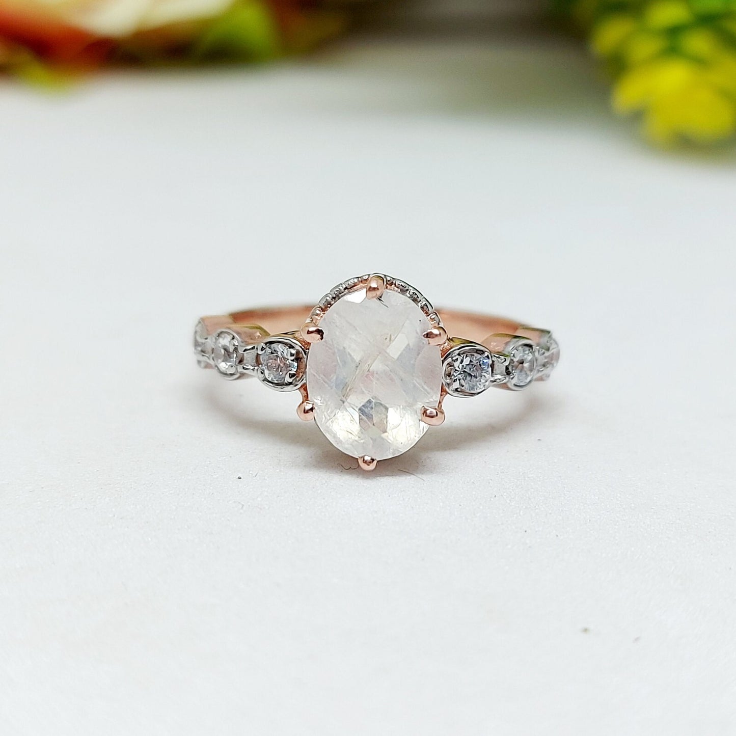 Natural Oval Cut Fire Moonstone Ring 925 Sterling Silver ArtDeco Engagement Ring