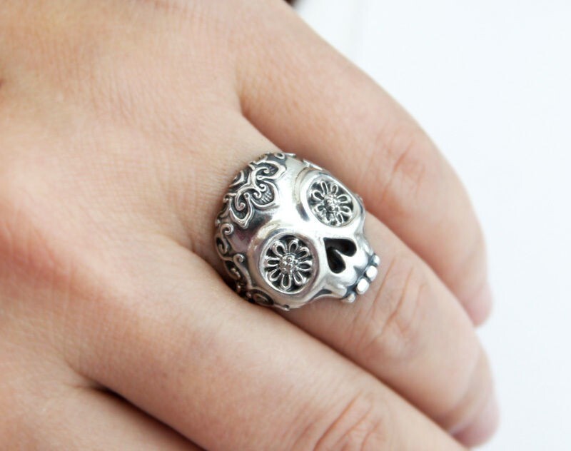 Flower Skull Ring Brass Gothic Punk Retro Style Biker Gift For Men Women US5 ~15