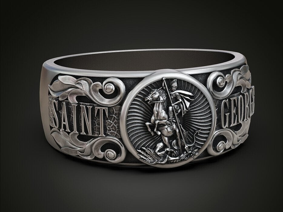 925 Silver St George Warrior Dragon Signet Ring Religious Men Women Ring US5-15