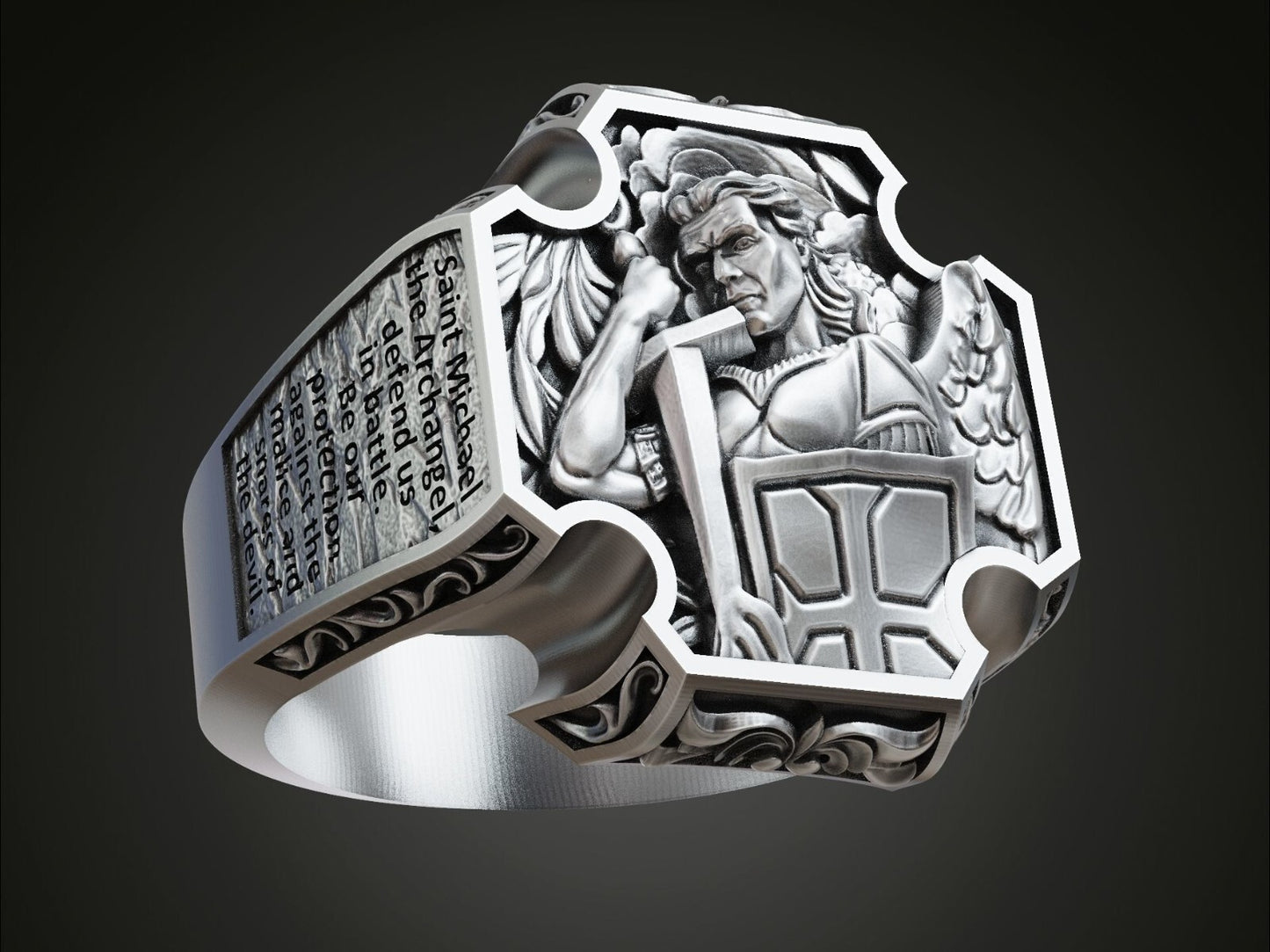 Saint Archangel Michael Prayer Signet Ring US7-15 Sterling Silver Men's Ring
