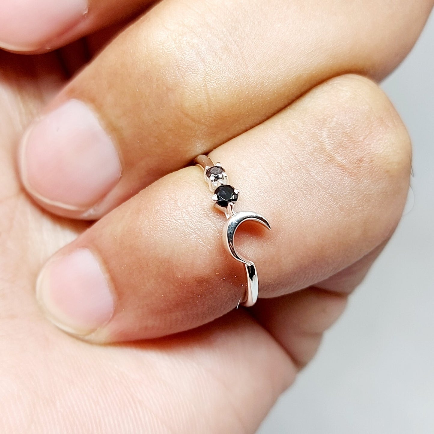 Black Onyx Moon Ring Elegant Handmade Celestial Gift Ring US5~15 Dainty Look