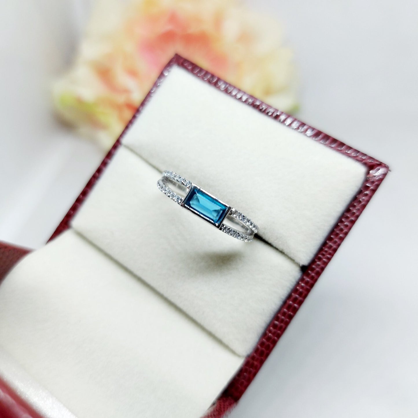 Silver Blue Tourmaline Baguette Shape Ring Women Birthstone Gift Ring Us5~ 15