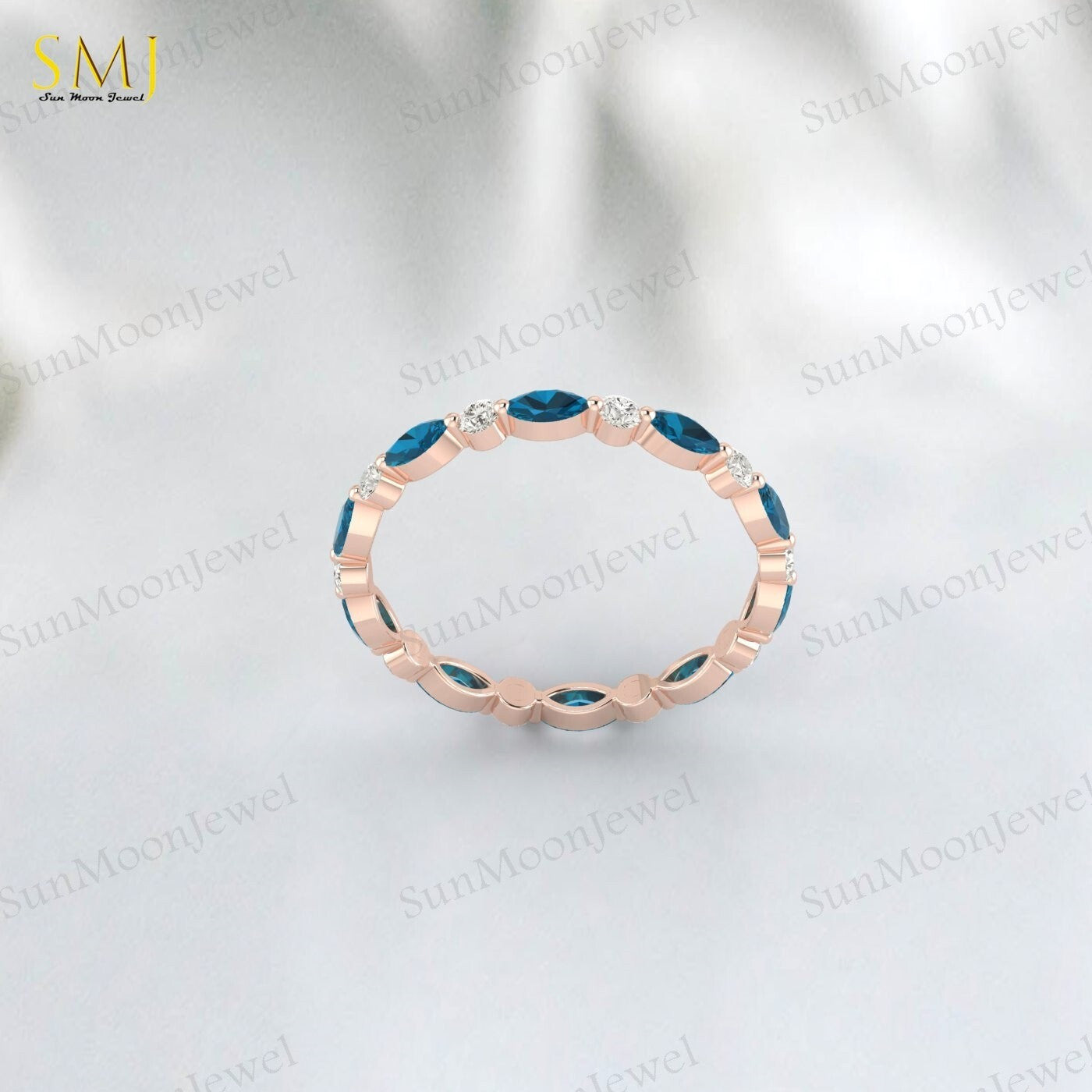 Full eternity Natural London Blue Topaz wedding band Marquise 925 Silver