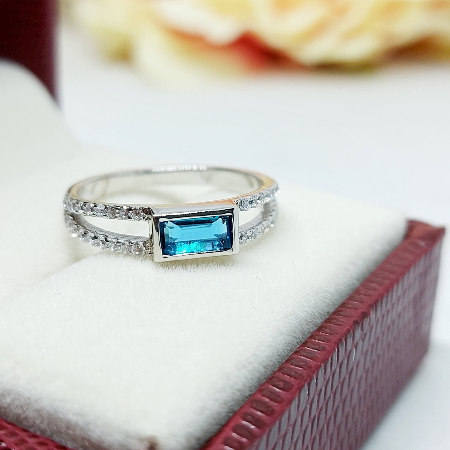 Silver Blue Tourmaline Baguette Shape Ring Women Birthstone Gift Ring Us5~ 15