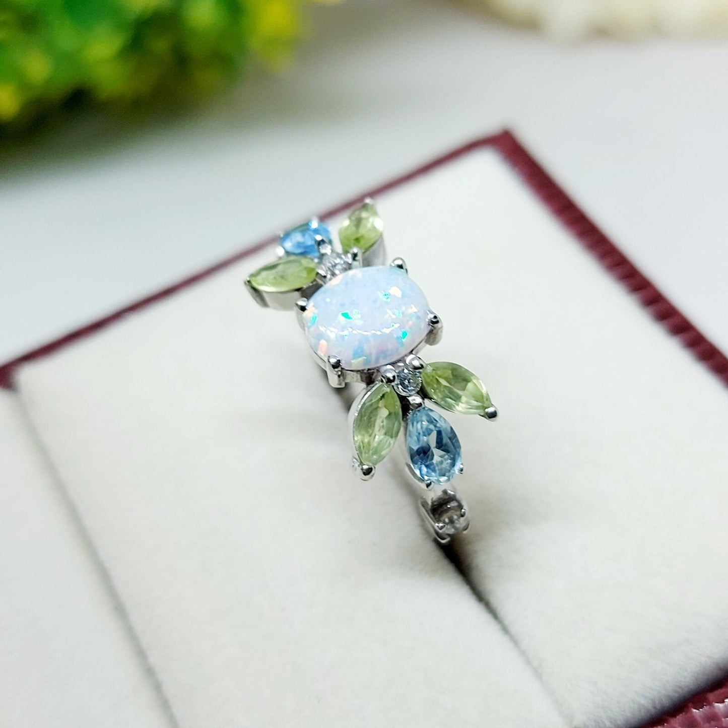 925 Silver Peridot Opal Cluster Ring Oval Cut Opal Promise Wedding Ring US5 ~15