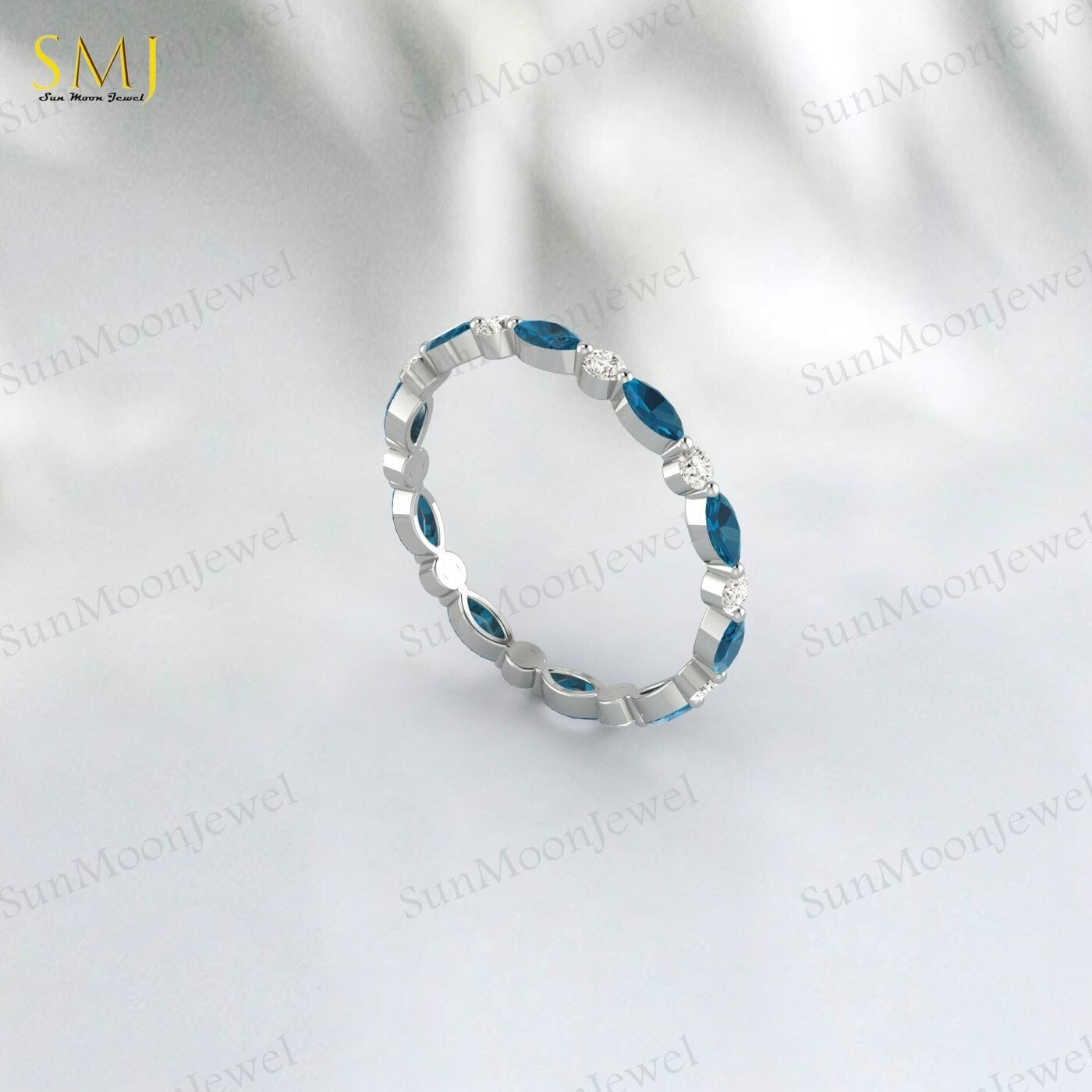 Full eternity Natural London Blue Topaz wedding band Marquise 925 Silver
