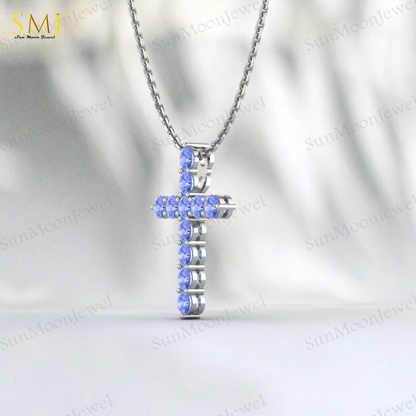 Natural Blue Tanzanite Cross Pendant 925 Sterling Silver Necklace