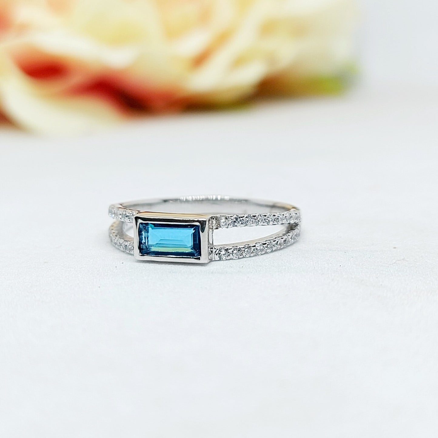 Silver Blue Tourmaline Baguette Shape Ring Women Birthstone Gift Ring Us5~ 15