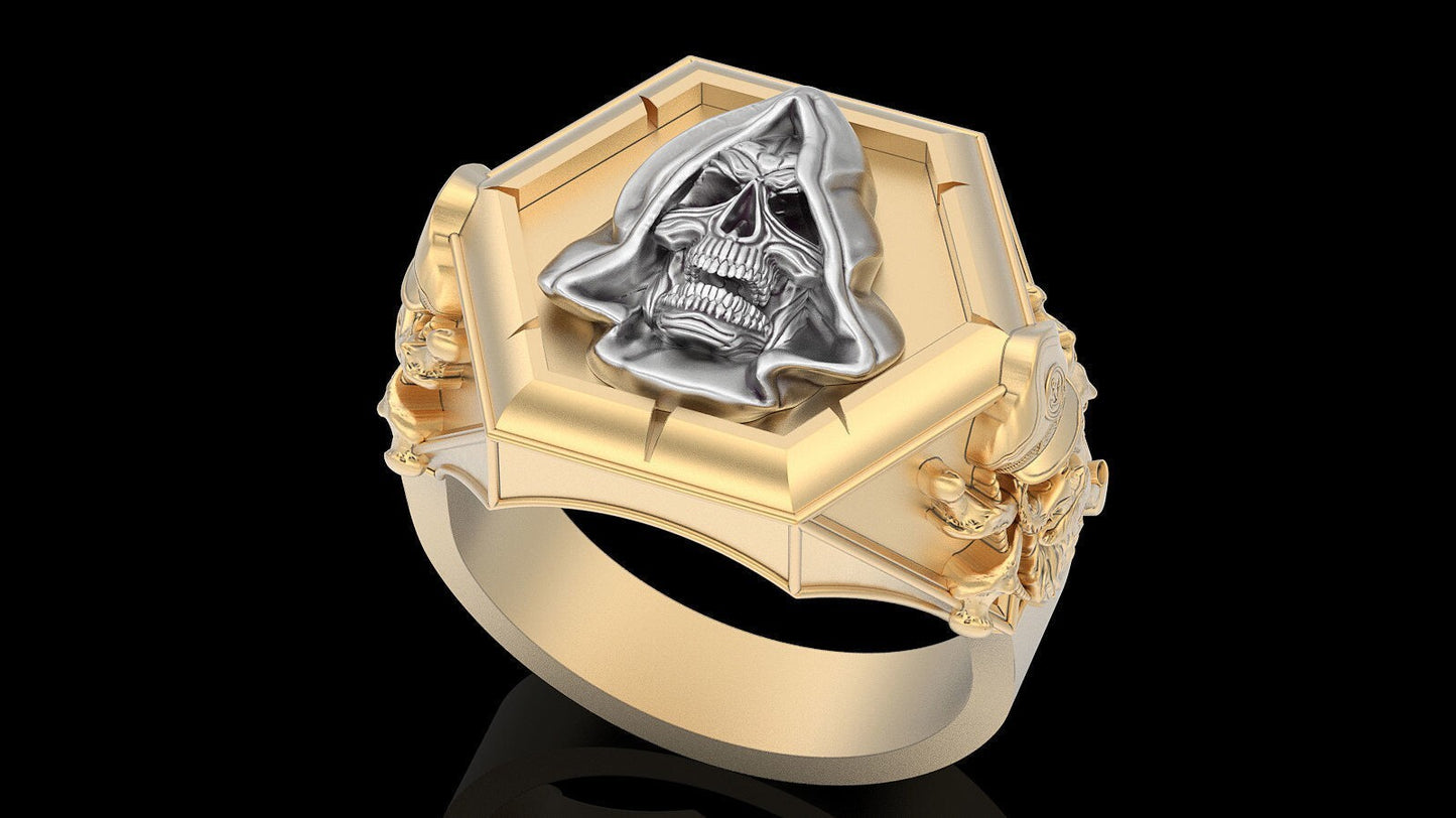 Vintage Brass Gown Skull Ring Punk Gothic Biker Men Women Jewelry Gift For Him