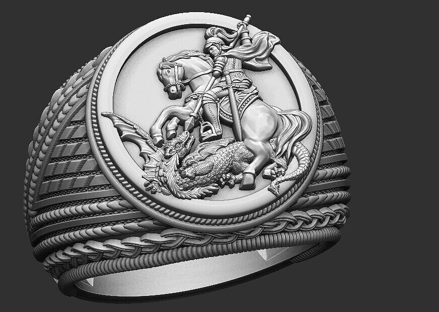 Saint George Dragon Ring 925 Silver Biker Signet Ring US5~15 Bold Statement Ring