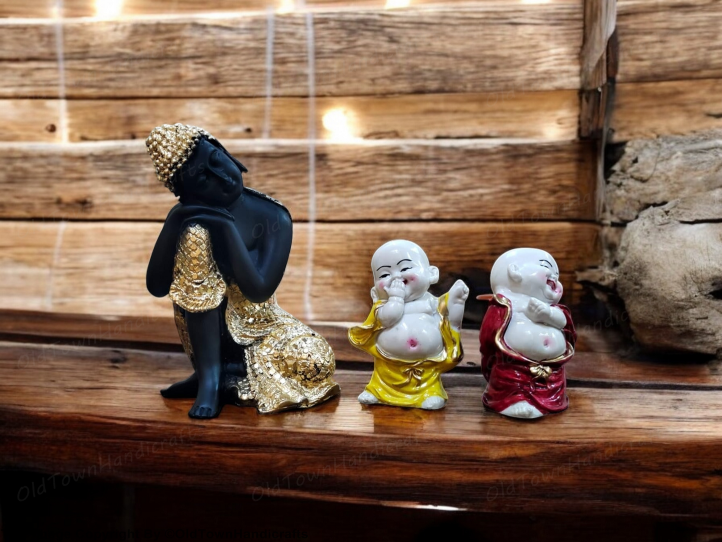 Divine Resting Buddha Idol with Two Child Monks Home Office Decor Gift Showpiece