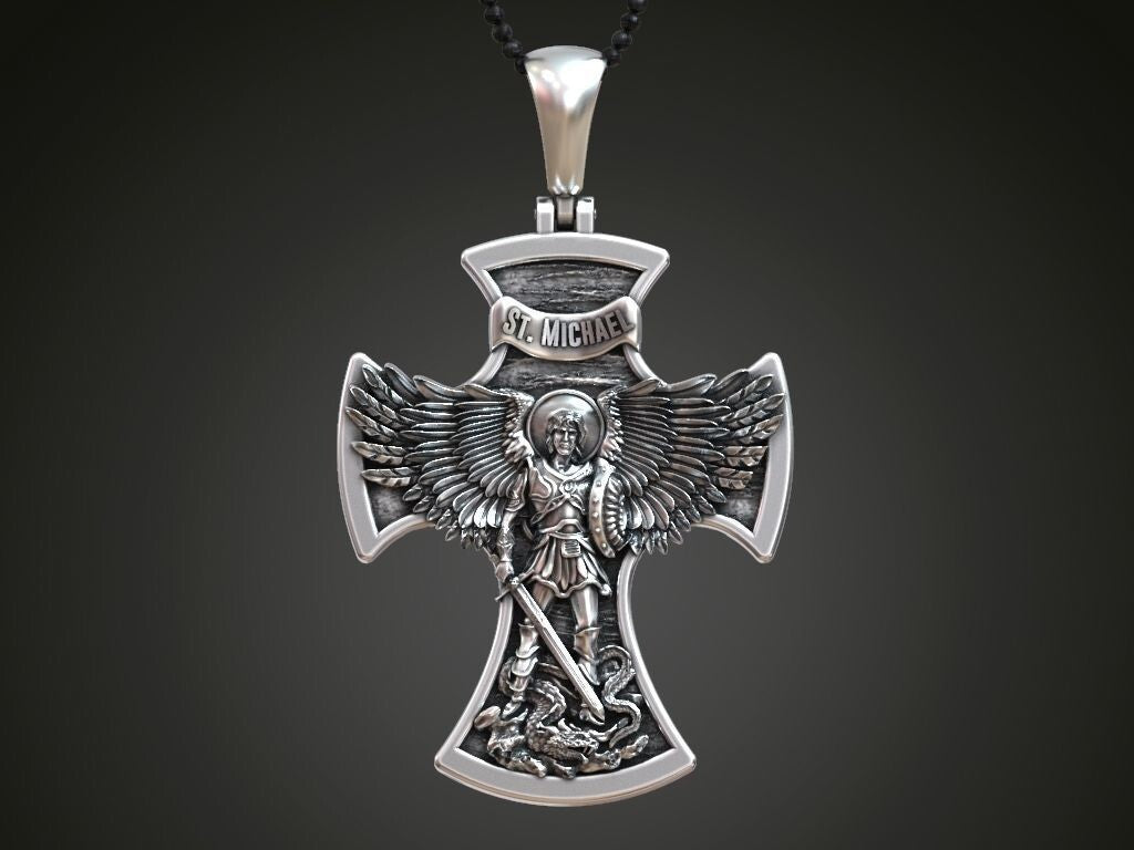 925 Silver Cross Saint Michael the Archangel with Prayer Pendant Necklace Unisex