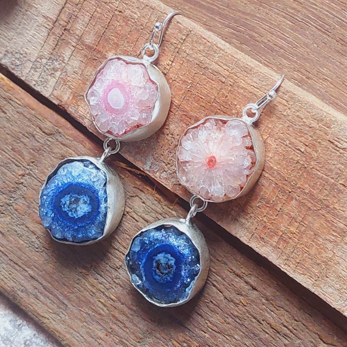 925 Sterling Silver Natural Pink And Blue Solar Quartz Handmade Earring For Mom
