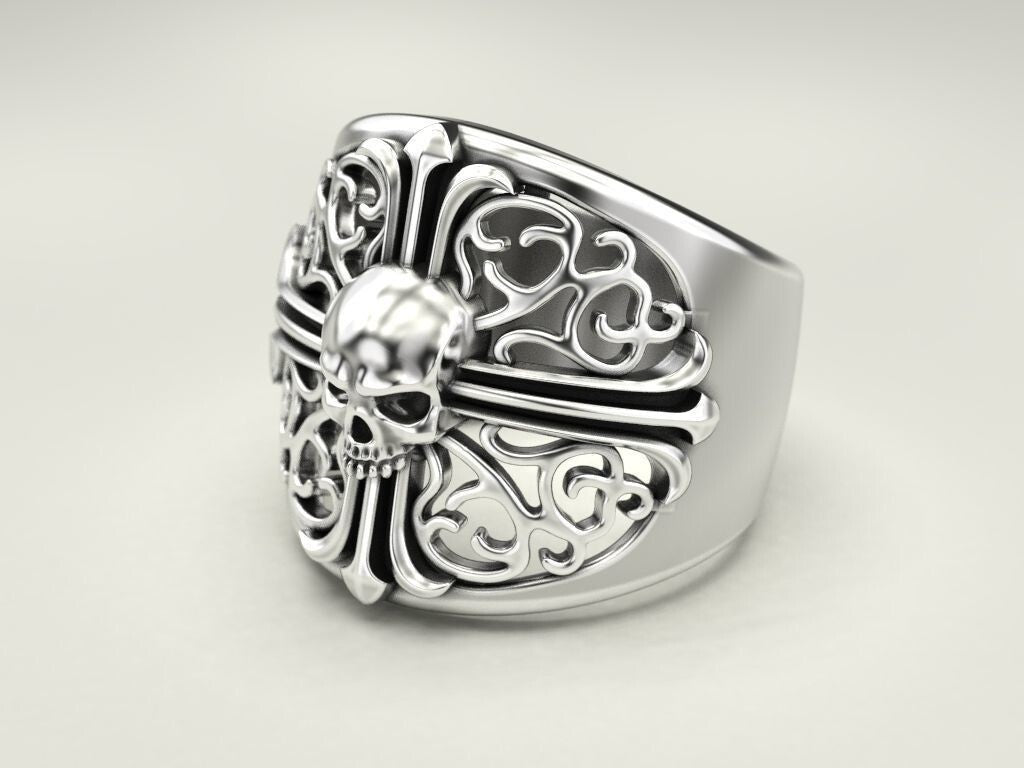 Punk Gothic Skull Cross Biker Ring 925 Silver Pirate Rider Jewelry Gift US5~15