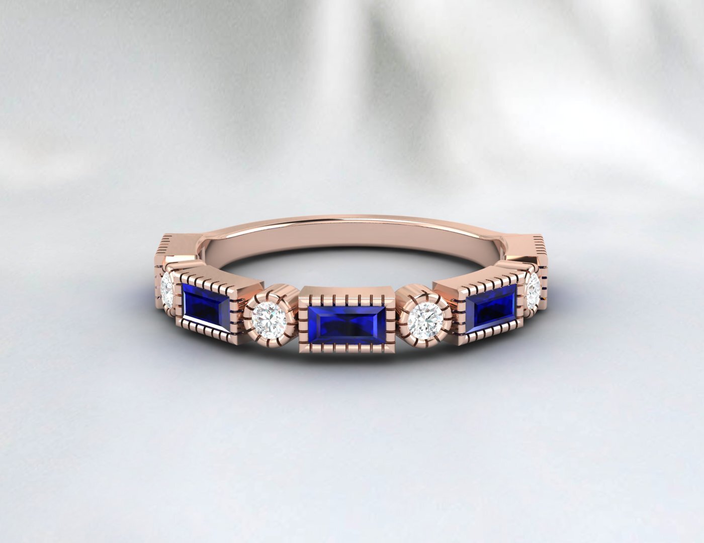 Baguette Sapphire & Cubic Zirconia Half Eternity Fine Silver Band Lab Created