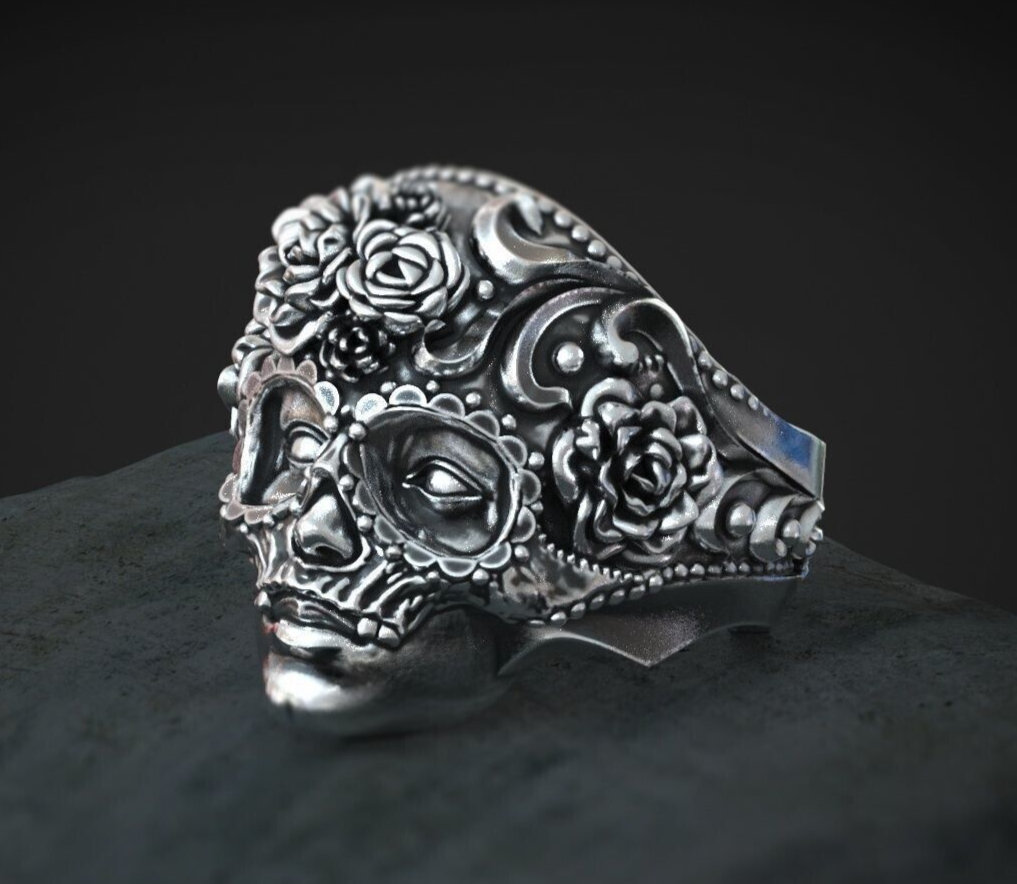 Silver Masquerade Skull Ring Handmade Unique Large Design Gothic Ring Us5~ 15