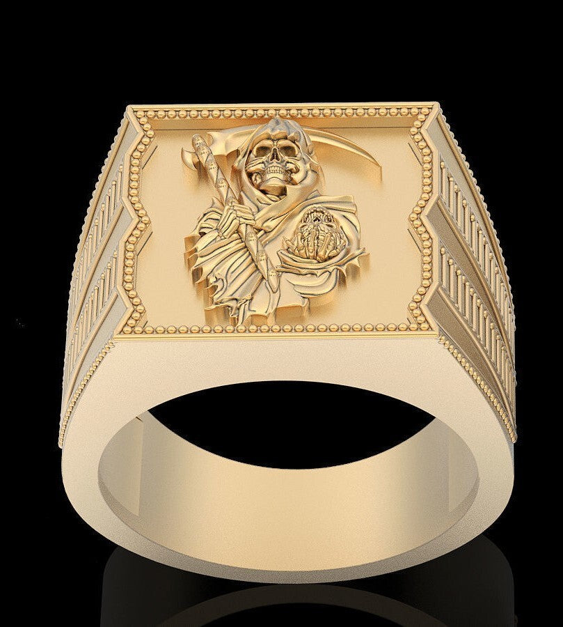 Grim Reaper Skull Ring Brass Biker Gothic Death Head Signet Men Jewelry US5~15