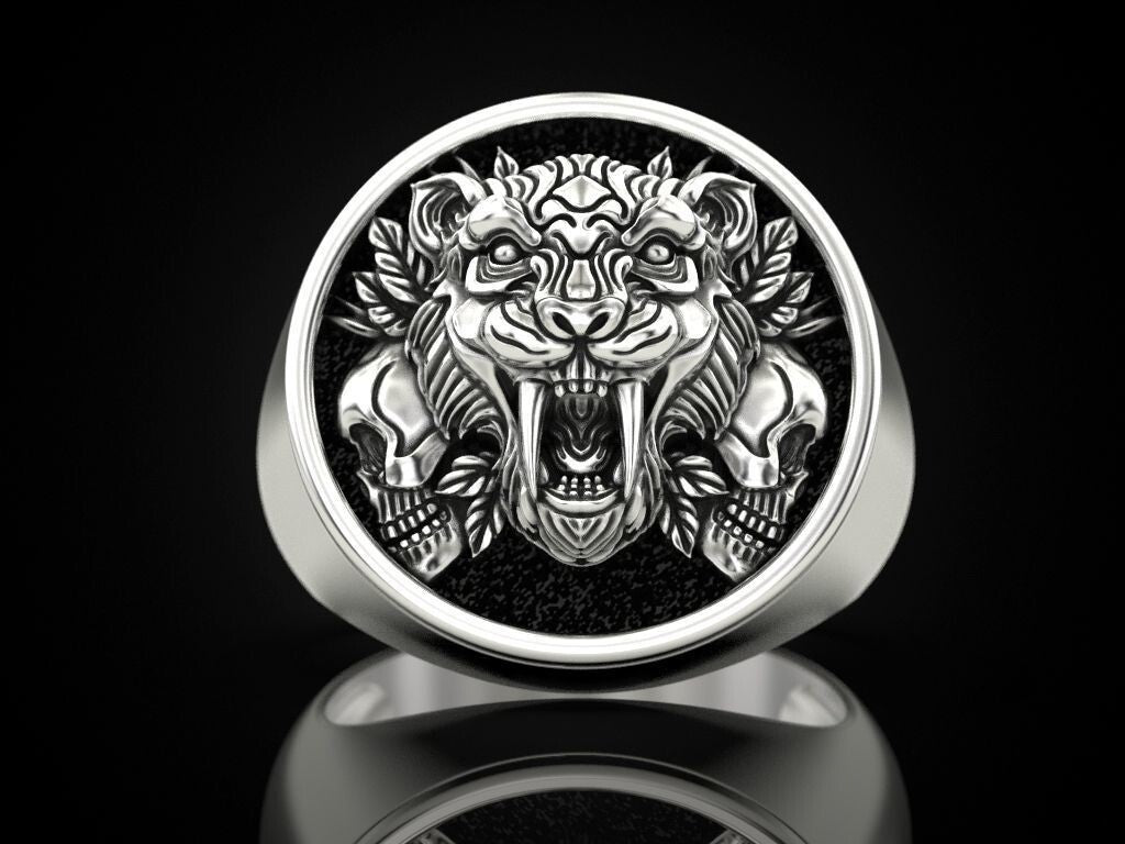 Saber Tooth Tiger Skull Ring 925 Sterling Silver Gothic Biker Rider Style US5~15