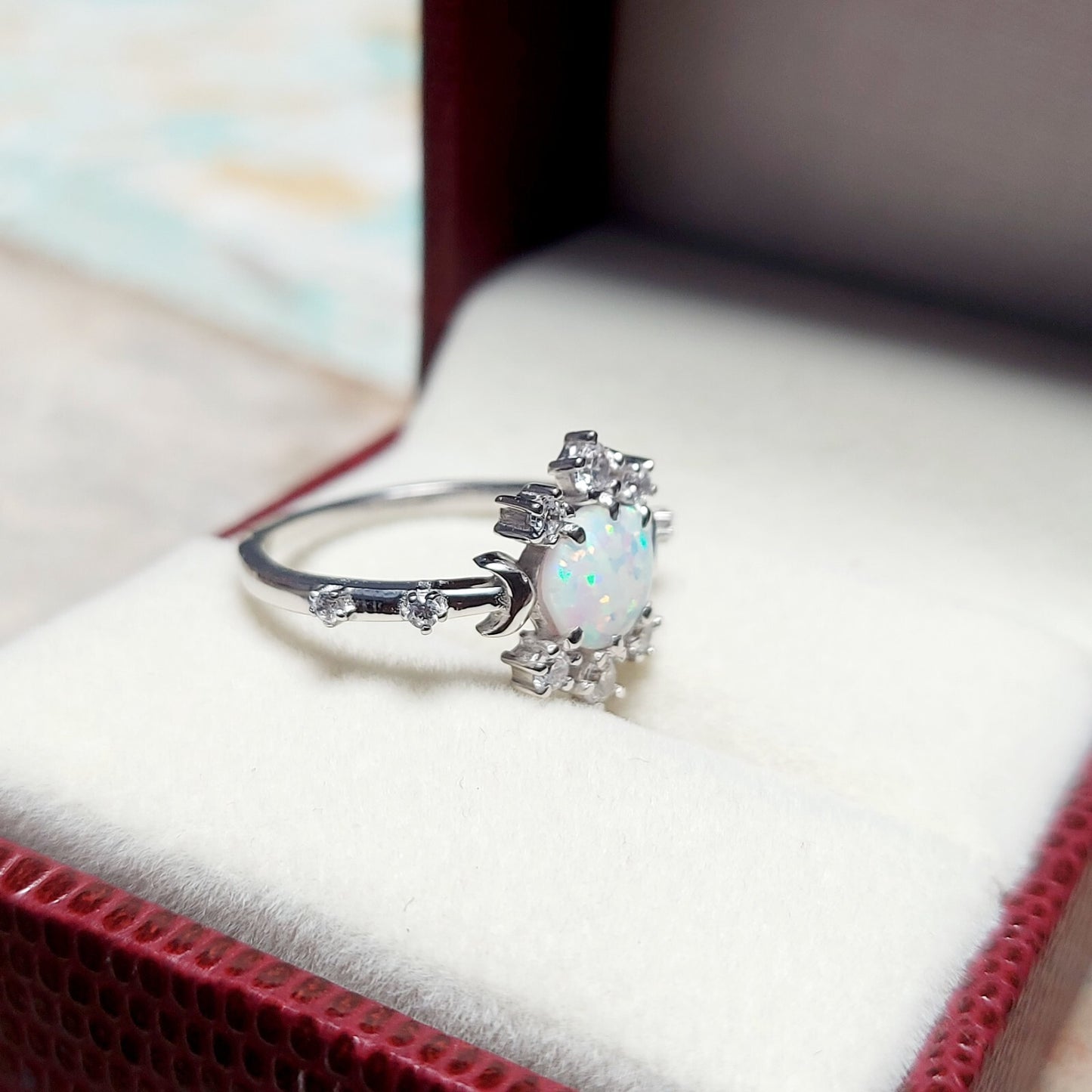 Natural Opal Ring Round Cut CZ Cluster 925 Silver Gift Ring US5~15 Vintage Look
