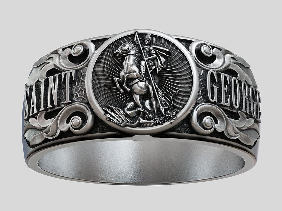 925 Silver St George Warrior Dragon Signet Ring Religious Men Women Ring US5-15
