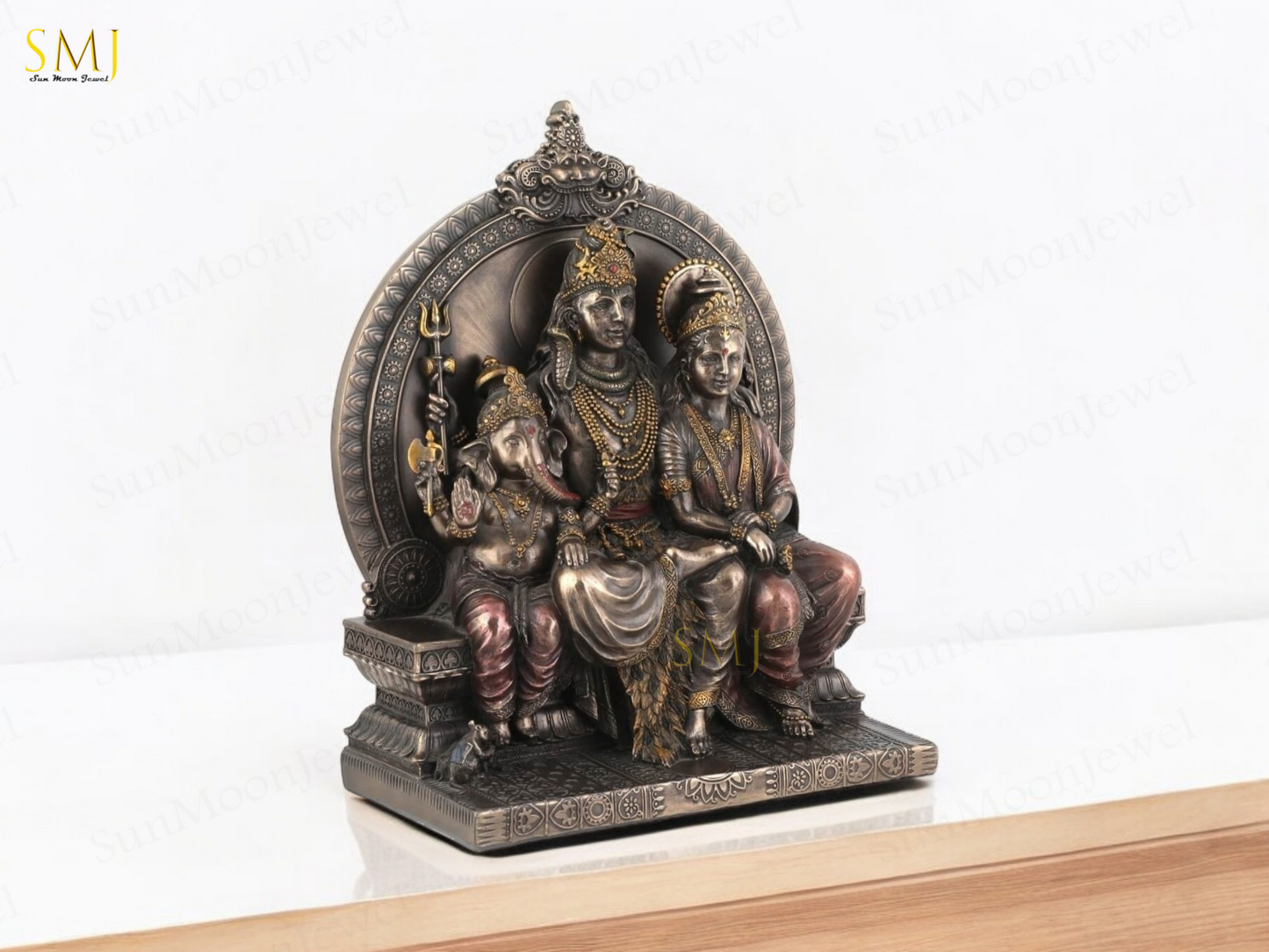 Shiv Family Copper Finish Sitting Shiva Parvati Ganesh Home Temple Decor Gift