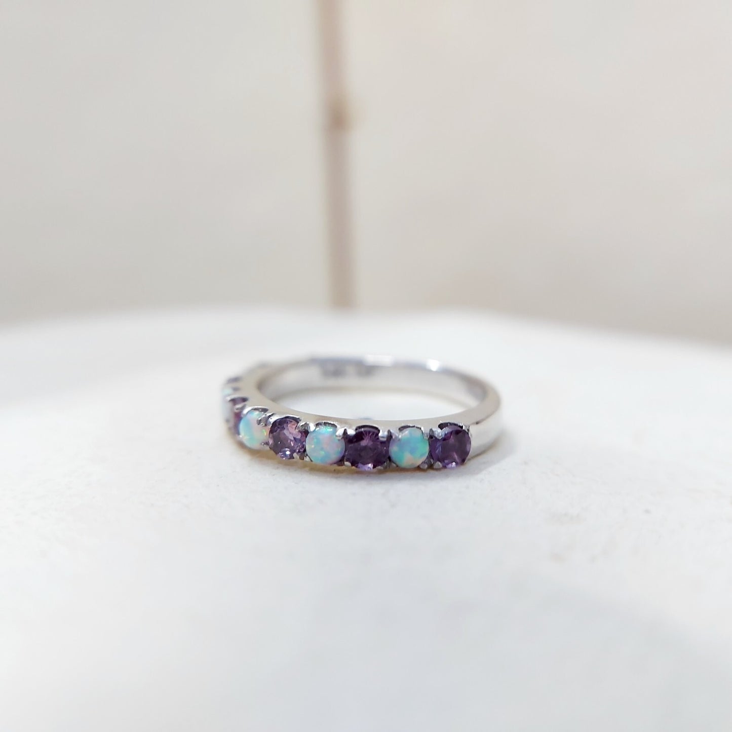 Fire Opal Amethyst Ring Genuine Silver Half Eternity Band Handmade Women US5~15