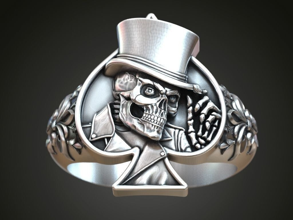 925 Silver Lucky Ace Spade Skull Hat Ring Casino Gothic Biker Poker Style US5~15