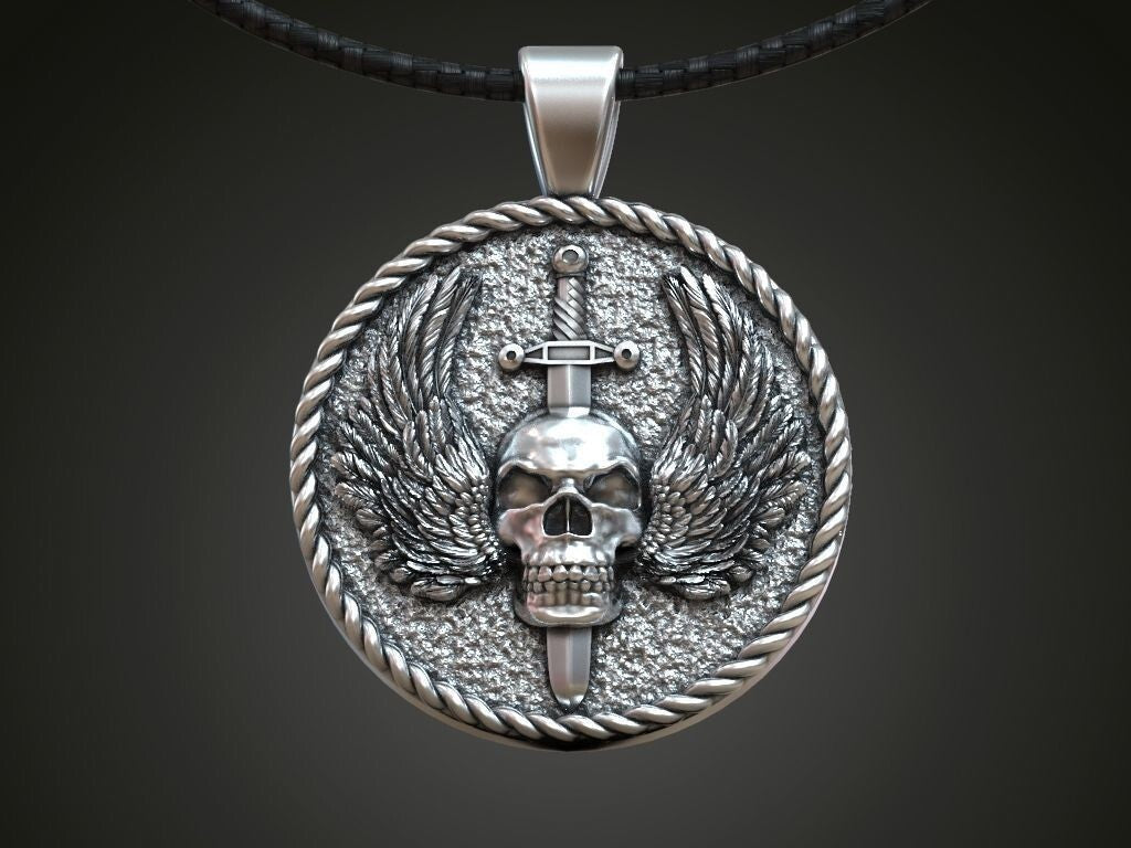 Gothic Mens Biker Skull Wings Pendant MENDEL Skull Wings Necklace Silver Jewelry