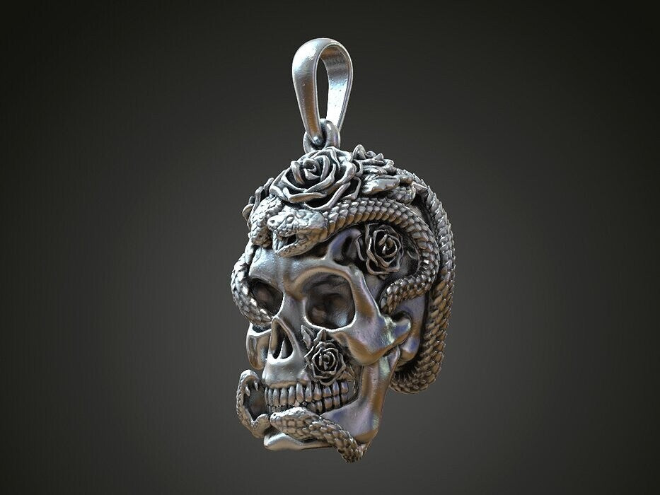 Silver Skull Roses Snake Serpents Pendant US7~15 Gothic Biker Jewelry Pendant