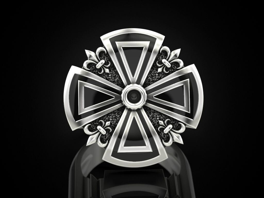 Silver Cross Ring Heraldic Lily Gothic Enamel US 5-15 Unisex Jewelry Women Men