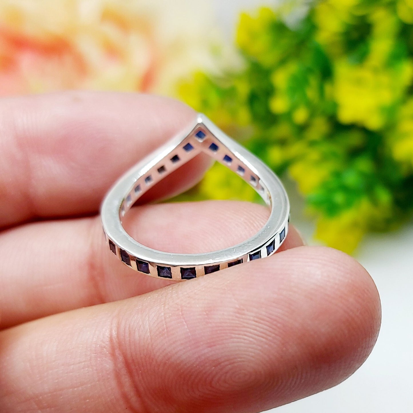 Princess Cut Blue Sapphire Curved Band 925 Sterling Silver Lab Created Ring Band