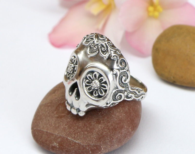 Flower Skull Ring Brass Gothic Punk Retro Style Biker Gift For Men Women US5 ~15