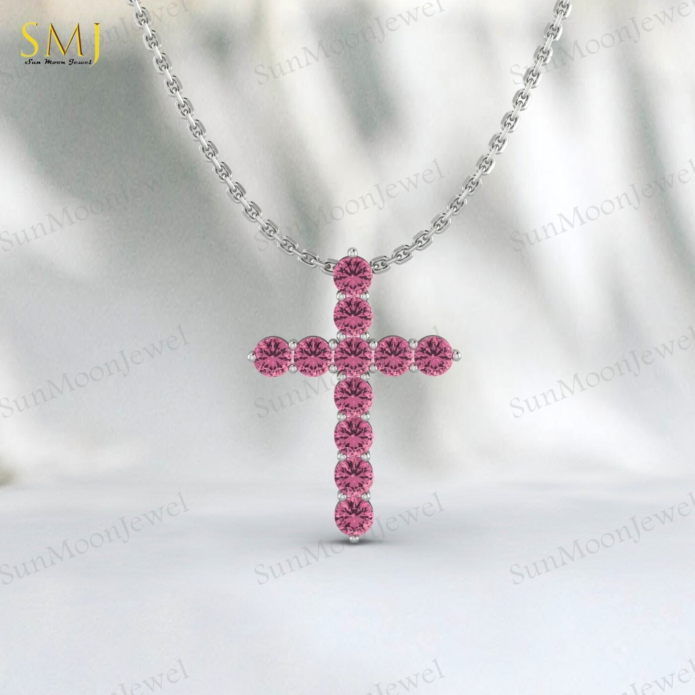 925 Silver Natural Pink Tourmaline Cross Necklace Pendant December Birthstone