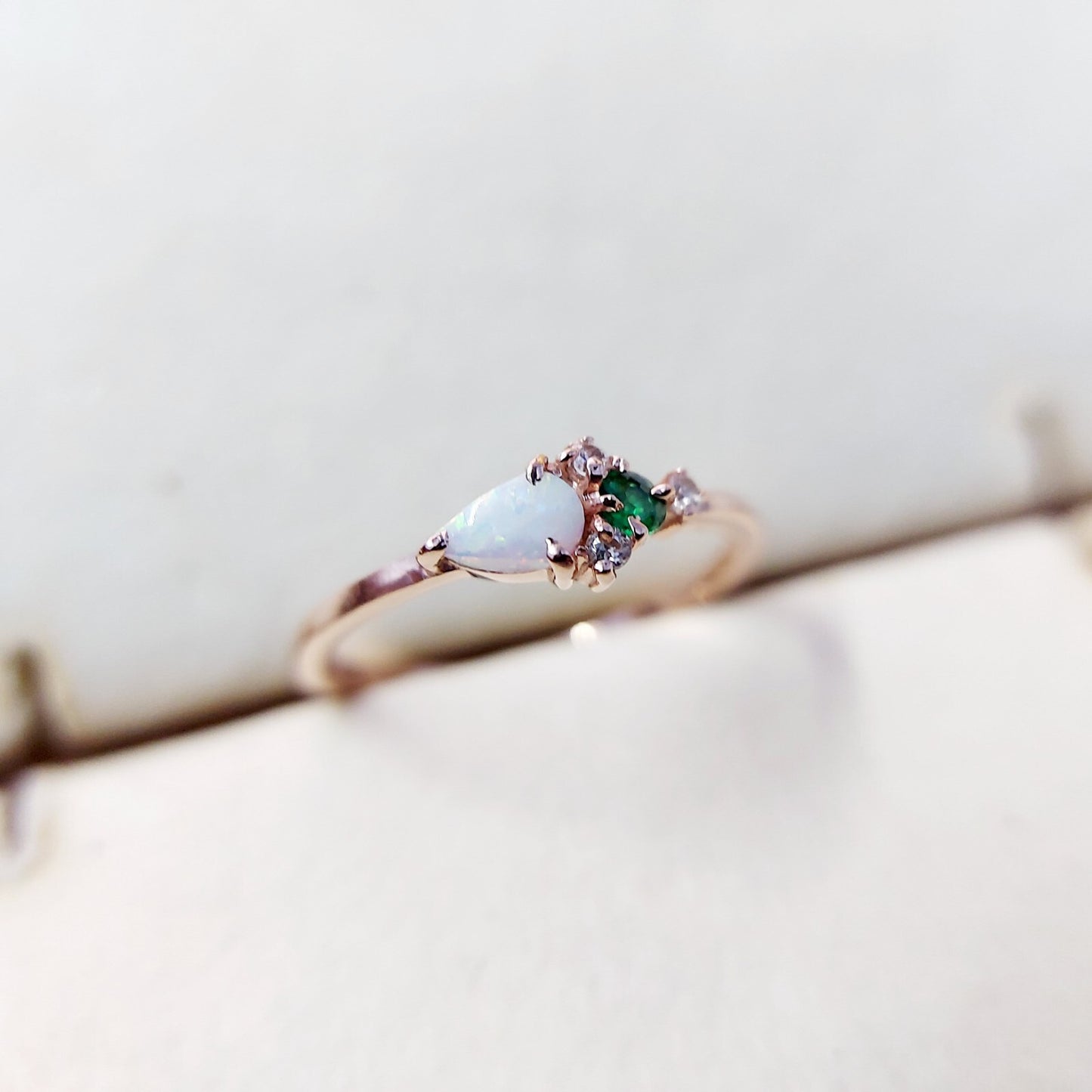 Pear Opal and Round Emerald Cluster Ring Silver Vintage Engagement Band Us5~ 15