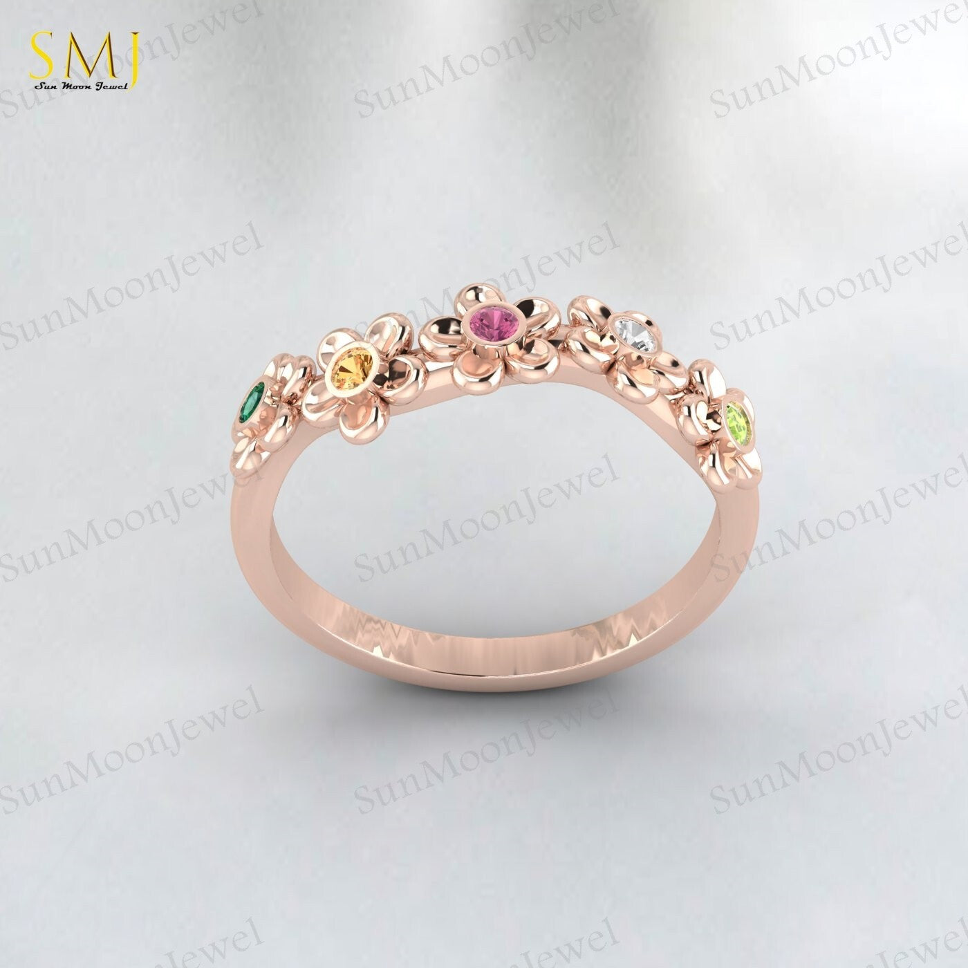 Natural Peridot Tourmaline Citrine Emerald Mutistone Flower Band in 925 Silver