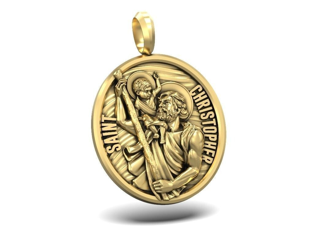 Saint Christopher Brass Pendant Necklace Baby Jesus Prayer Christian Gift Friend