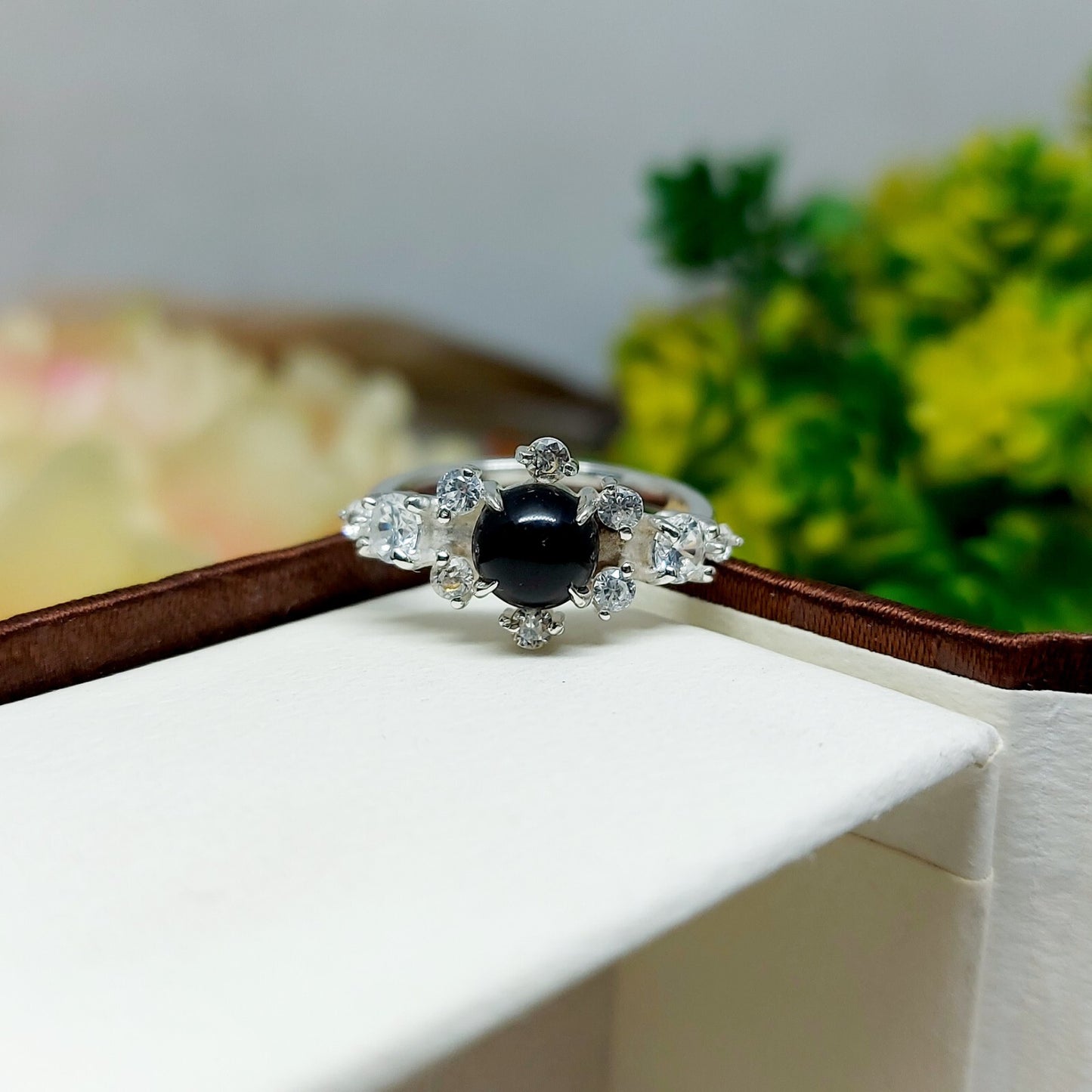 Natural Round Black Spinel Engagement Ring Cz Diamond 925 Sterling Silver Gift