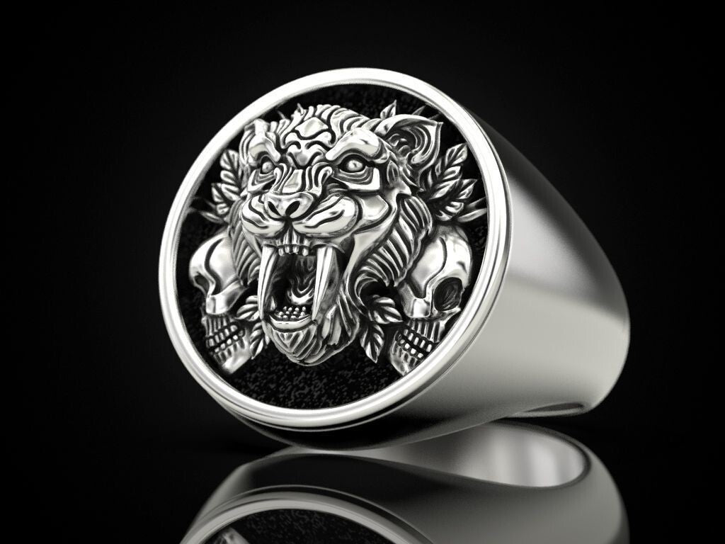 Saber Tooth Tiger Skull Ring 925 Sterling Silver Gothic Biker Rider Style US5~15
