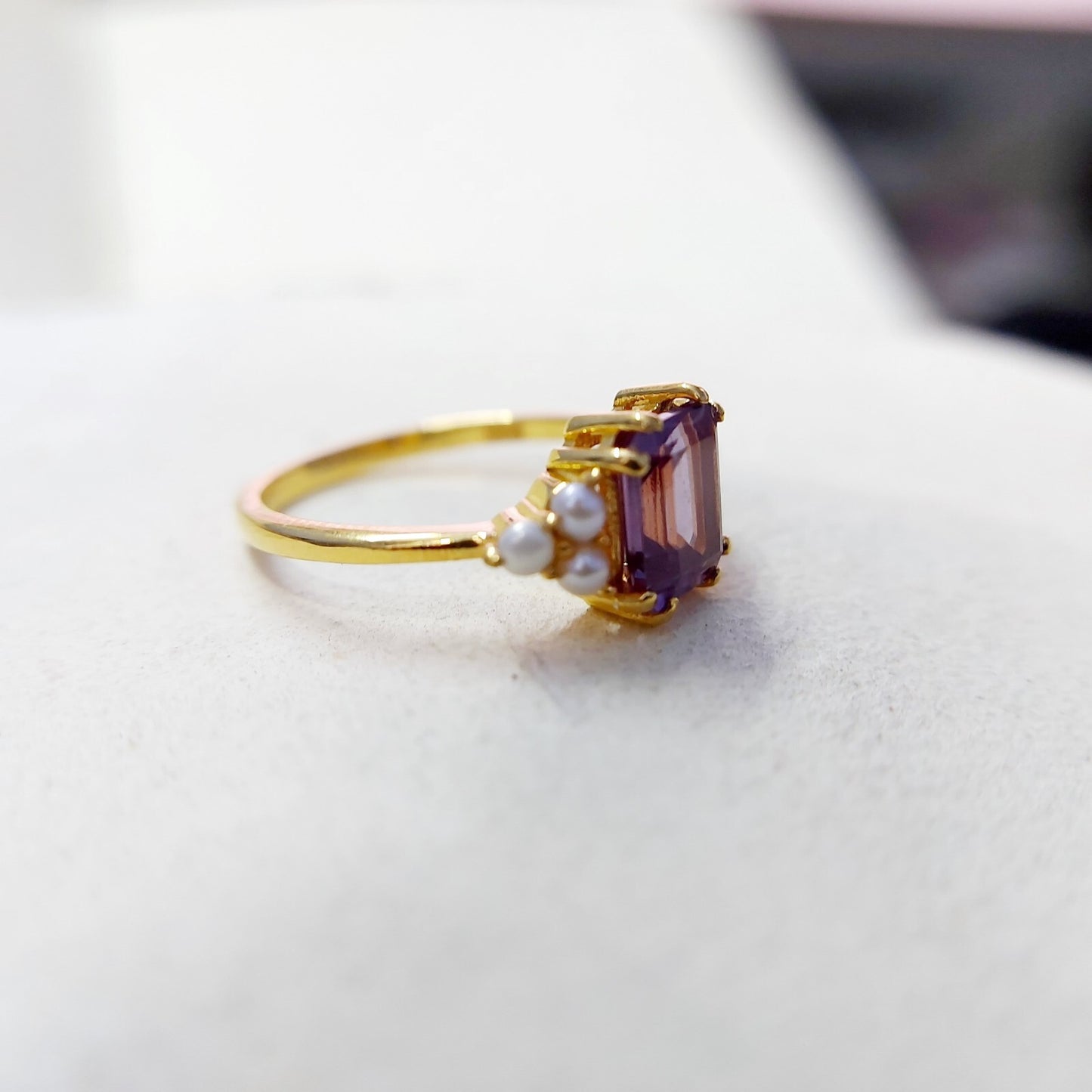 Emerald Cut Amethyst Pearl Ring 925 Silver Handmade Engagement Women Ring US5~15