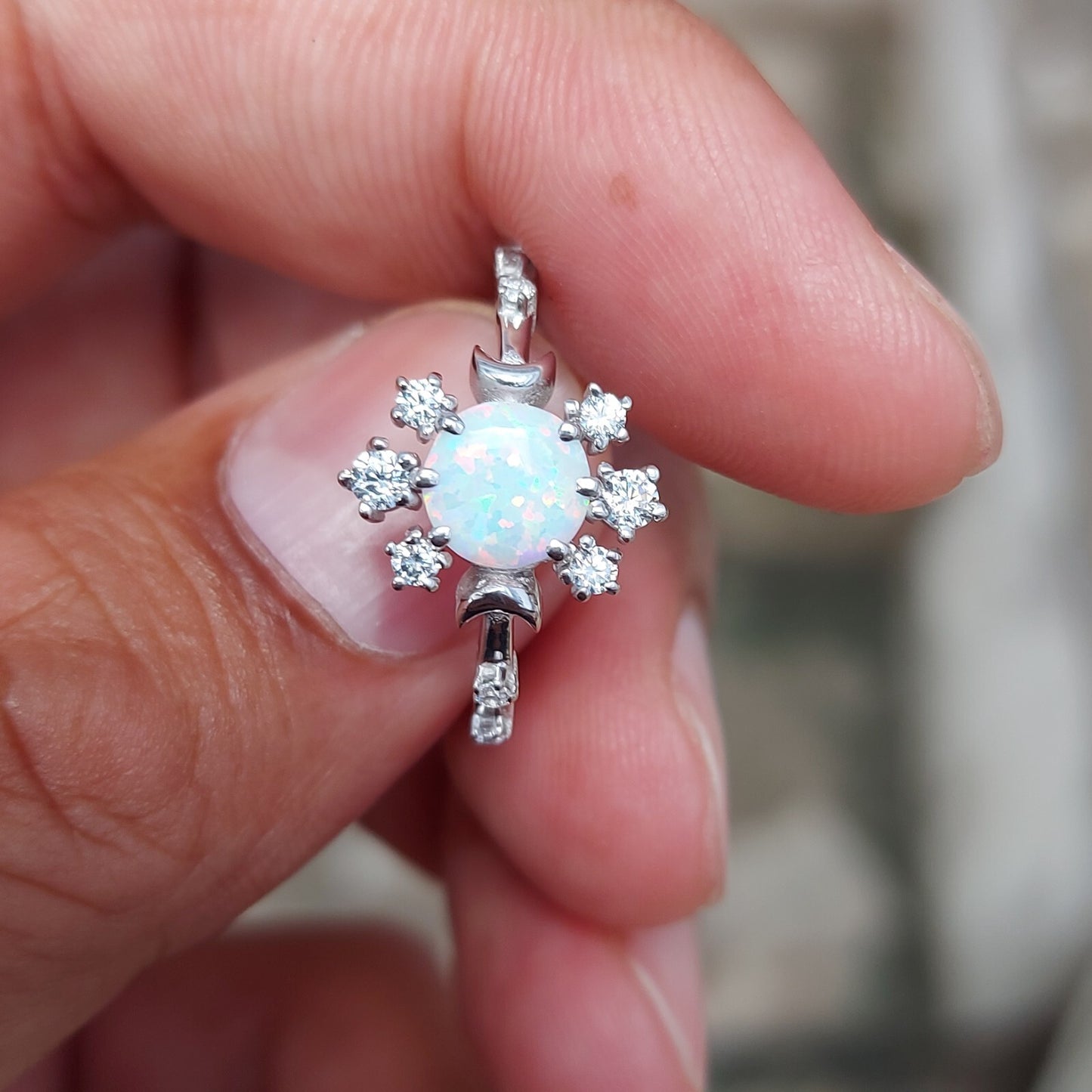 Natural Opal Ring Round Cut CZ Cluster 925 Silver Gift Ring US5~15 Vintage Look