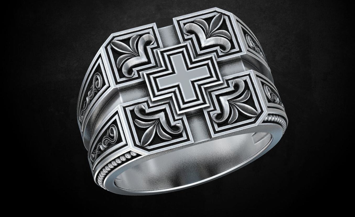 Engraved Cross Christian Religious Handmade Silver Ring US7-15 Men's Cross Ring