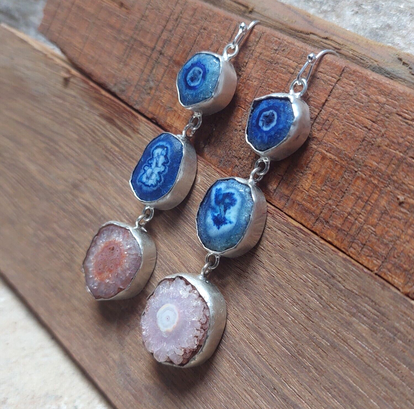 Natural Blue And Pink Solar Quartz 925 Sterling Silver Handmade Earring For Her